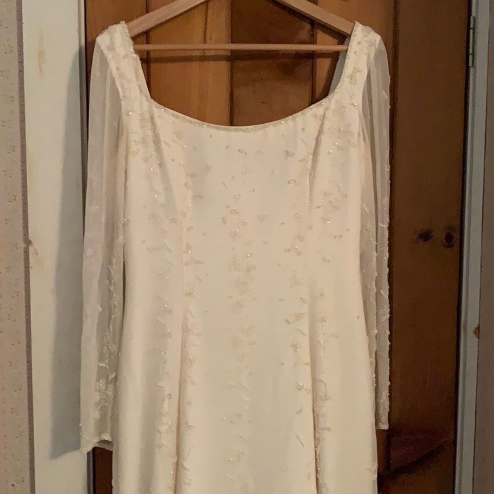 Bohemian style beaded wedding dress, sheer sleeves